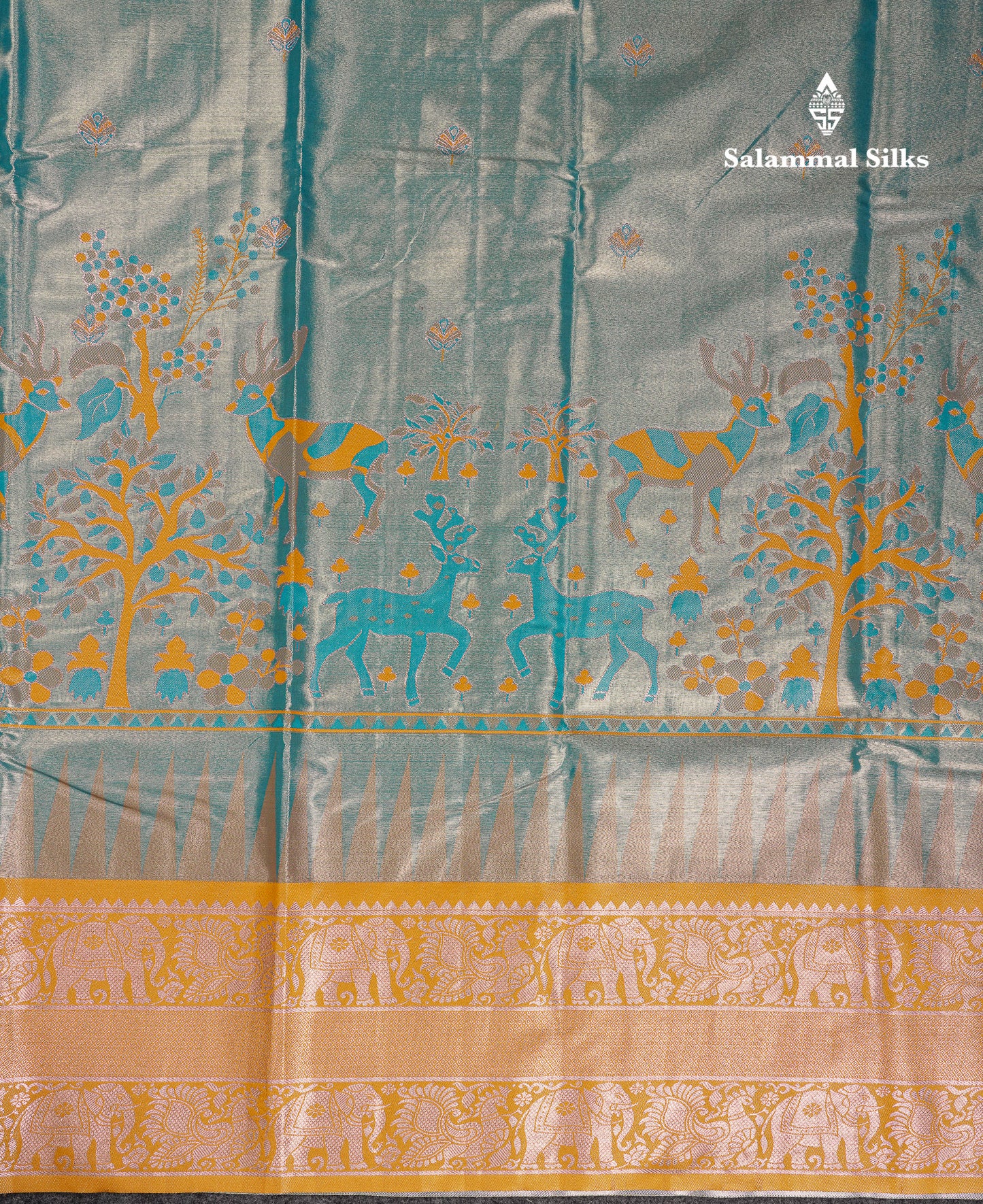 Beautiful Blue Menakari Work Tissue Semi Silk Saree With Contrast Mustard Yellow Traditional Temple Evening Morning Border