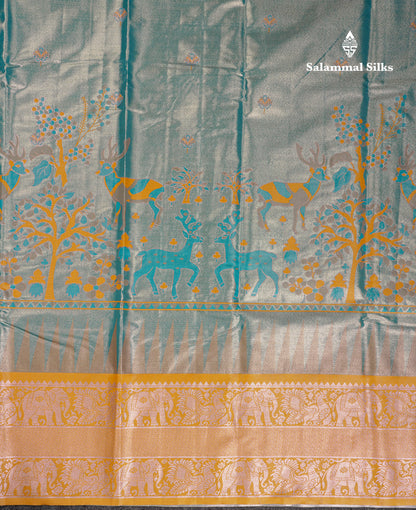 Beautiful Blue Menakari Work Tissue Semi Silk Saree With Contrast Mustard Yellow Traditional Temple Evening Morning Border