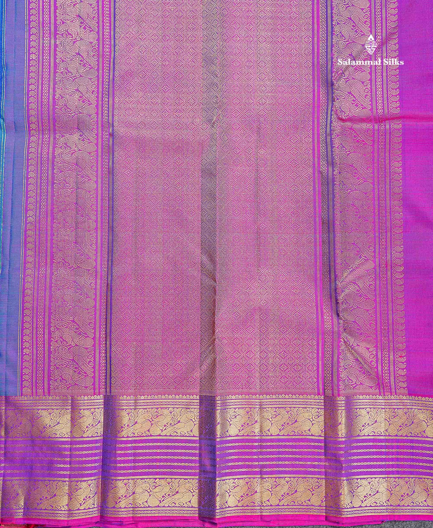 Pure Kanjivaram Silk Saree - Peacock Blue Colour Body Vaira Oosi Lines With Butta & Contrast Magenta Pink Border