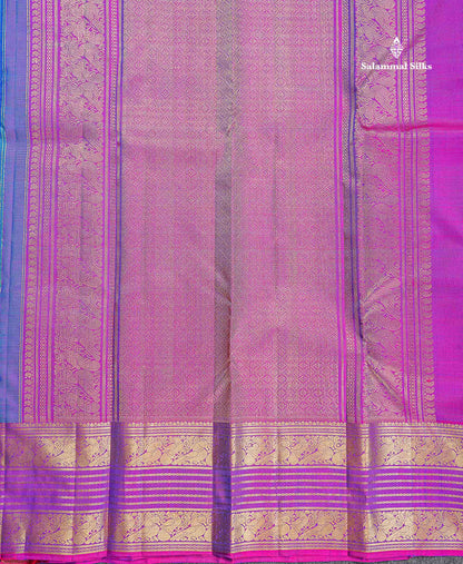 Pure Kanjivaram Silk Saree - Peacock Blue Colour Body Vaira Oosi Lines With Butta & Contrast Magenta Pink Border