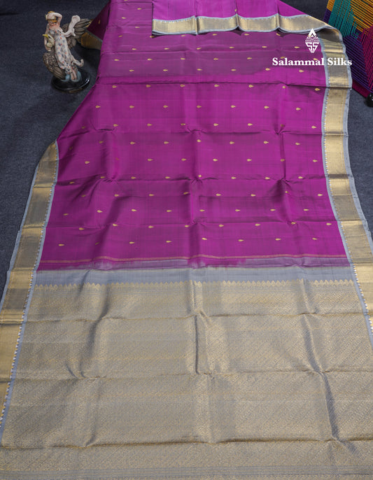 Dark Purple Pure Kanjivaram Silk Saree With Contrast Light Grey Small Border