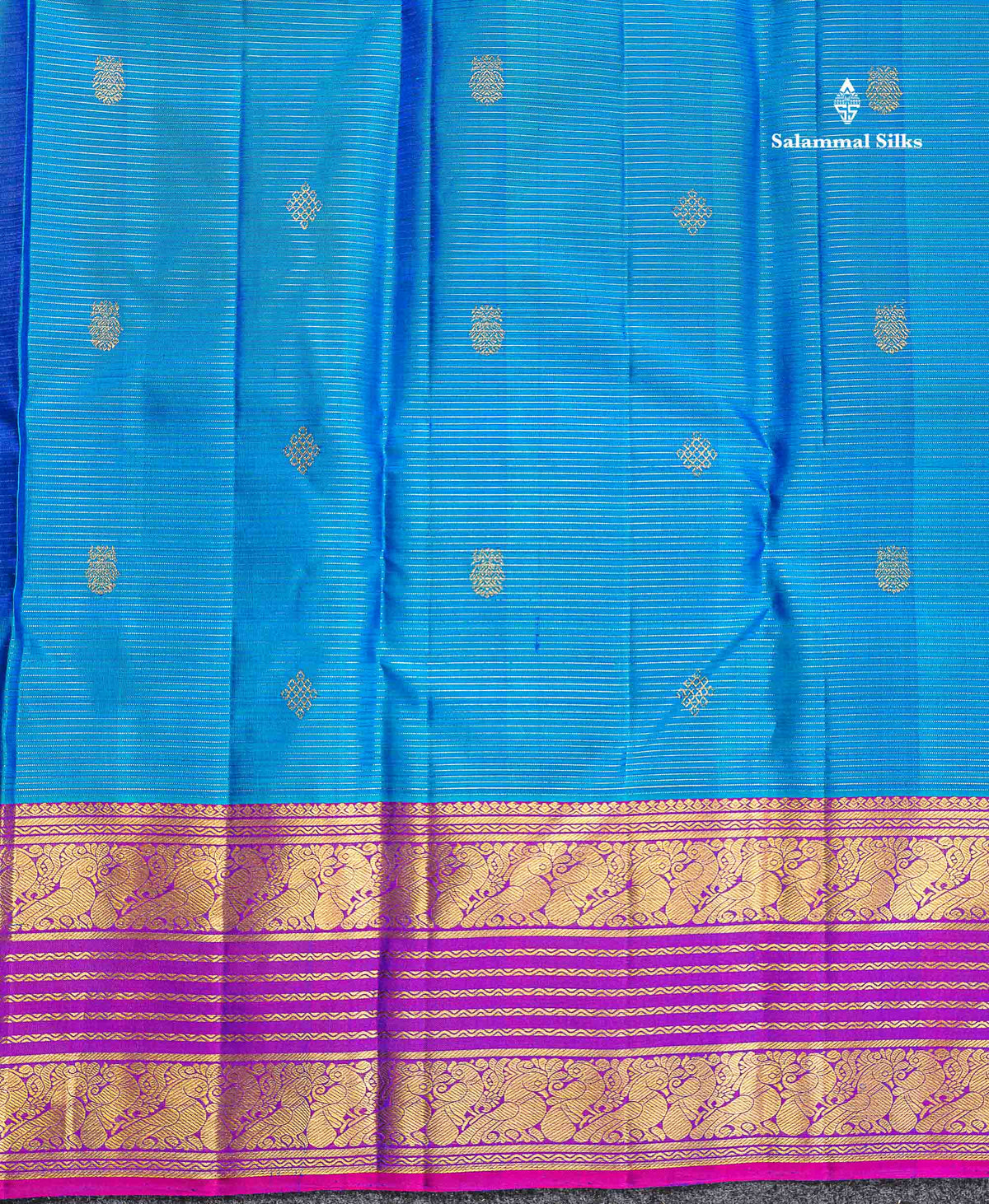 Pure Kanjivaram Silk Saree - Peacock Blue Colour Body Vaira Oosi Lines With Butta & Contrast Magenta Pink Border