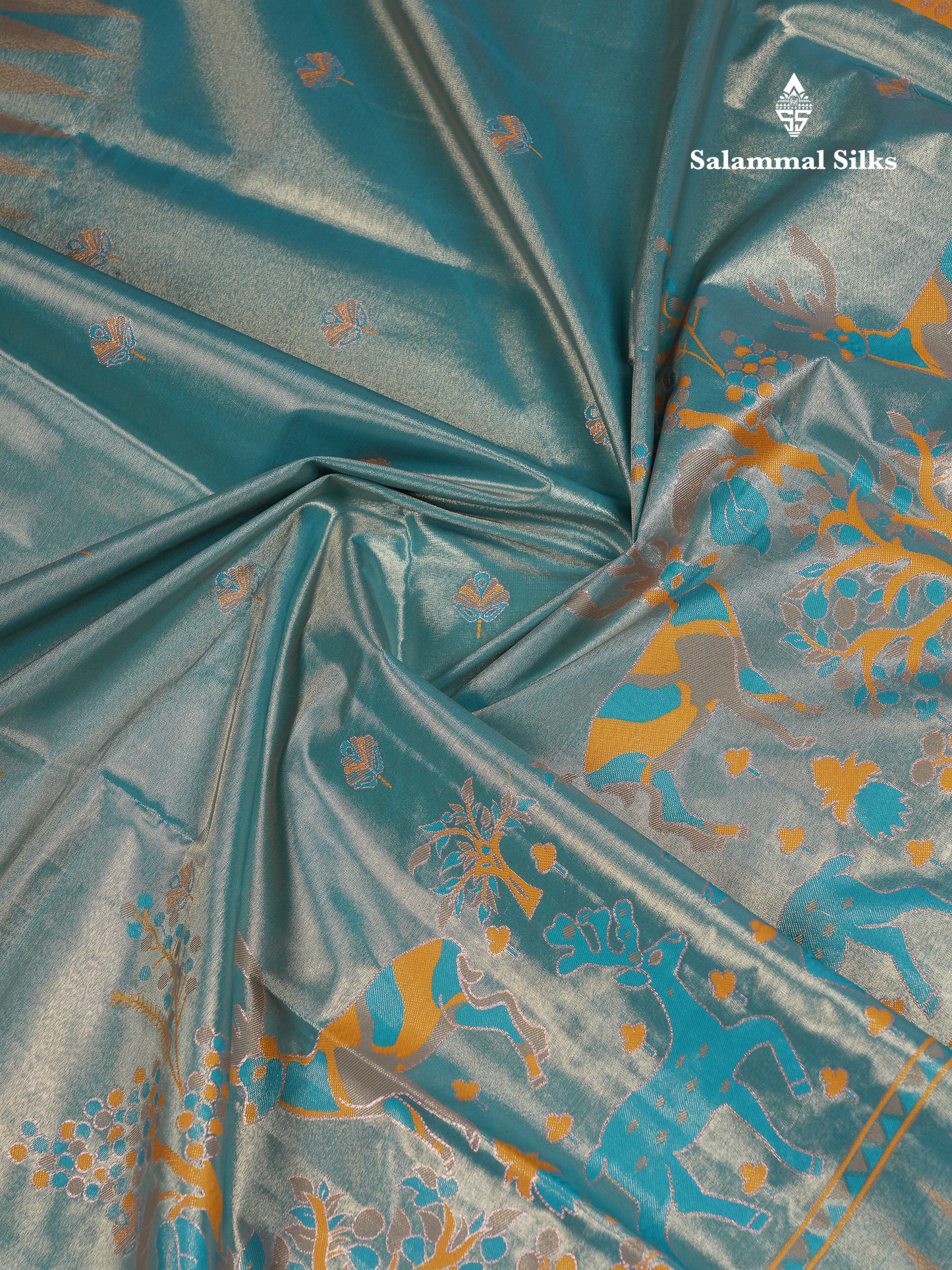 Beautiful Blue Menakari Work Tissue Semi Silk Saree With Contrast Mustard Yellow Traditional Temple Evening Morning Border