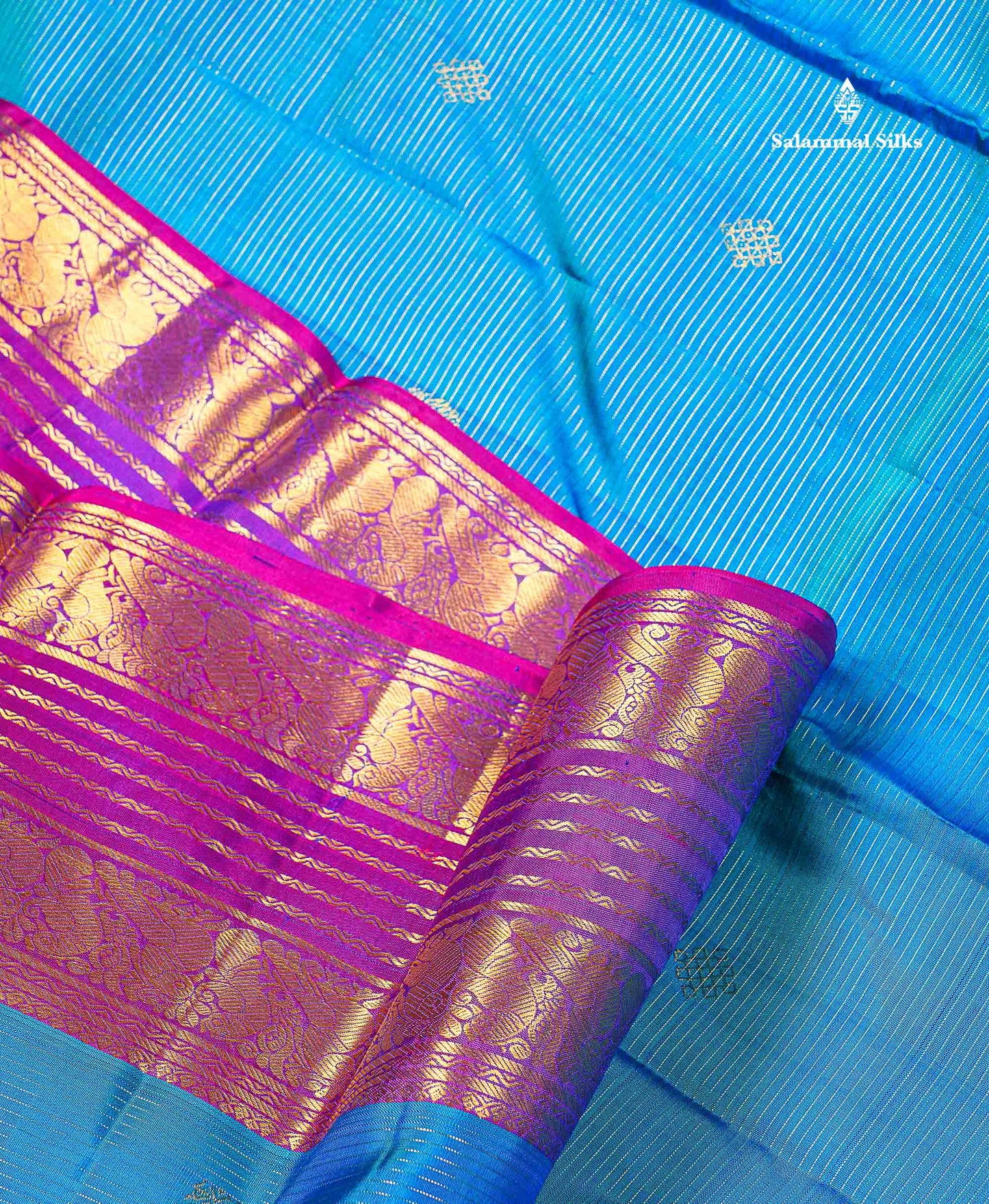 Pure Kanjivaram Silk Saree - Peacock Blue Colour Body Vaira Oosi Lines With Butta & Contrast Magenta Pink Border
