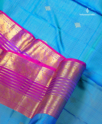 Pure Kanjivaram Silk Saree - Peacock Blue Colour Body Vaira Oosi Lines With Butta & Contrast Magenta Pink Border