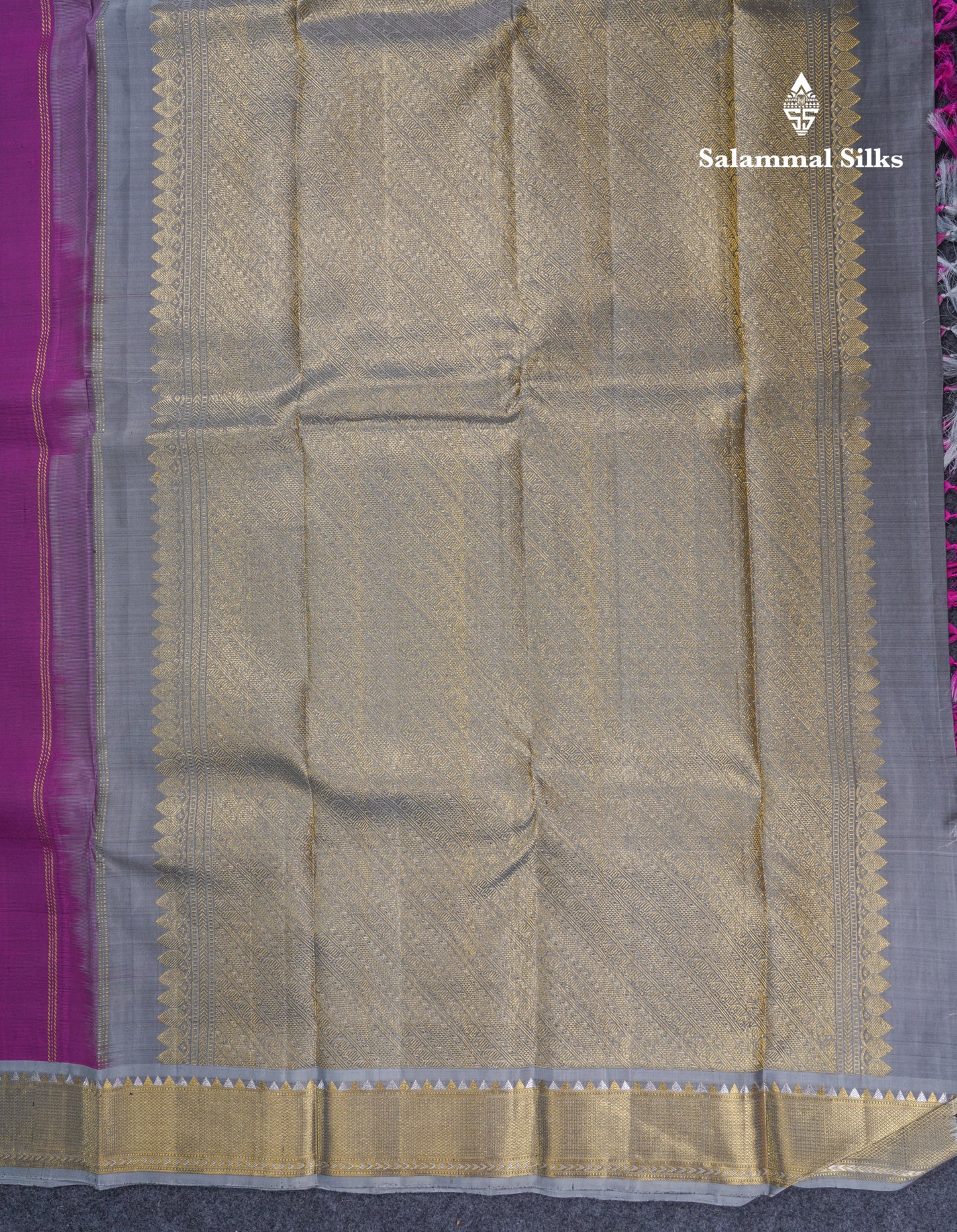 Dark Purple Pure Kanjivaram Silk Saree With Contrast Light Grey Small Border
