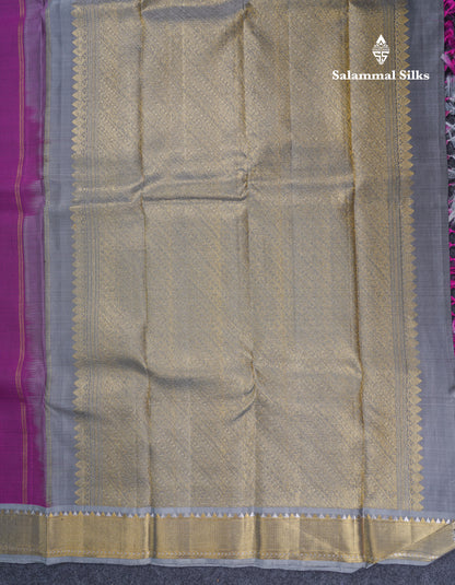 Dark Purple Pure Kanjivaram Silk Saree With Contrast Light Grey Small Border