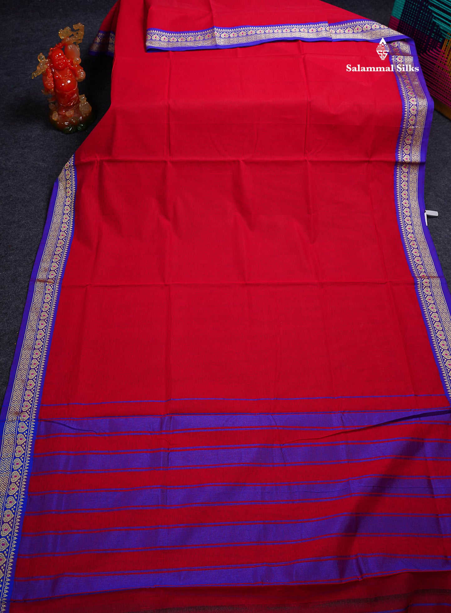 Beautiful Chilly Red Plain Pure Cotton Saree With Contrast Violet Menakari Traditional Border