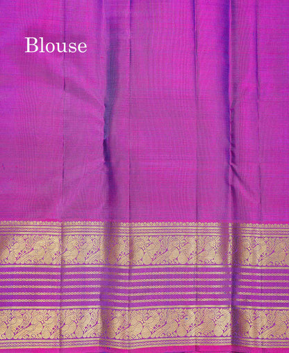 Pure Kanjivaram Silk Saree - Peacock Blue Colour Body Vaira Oosi Lines With Butta & Contrast Magenta Pink Border