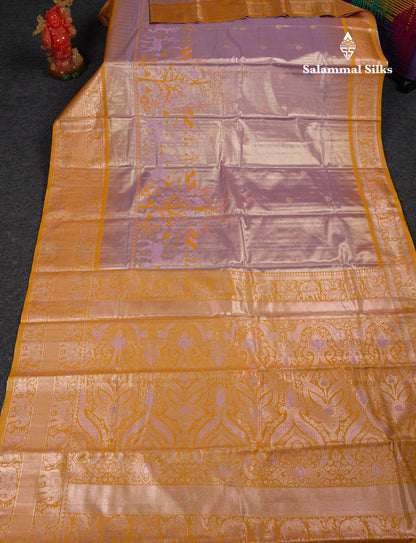 Beautiful Blue Menakari Work Tissue Semi Silk Saree With Contrast Mustard Yellow Traditional Temple Evening Morning Border