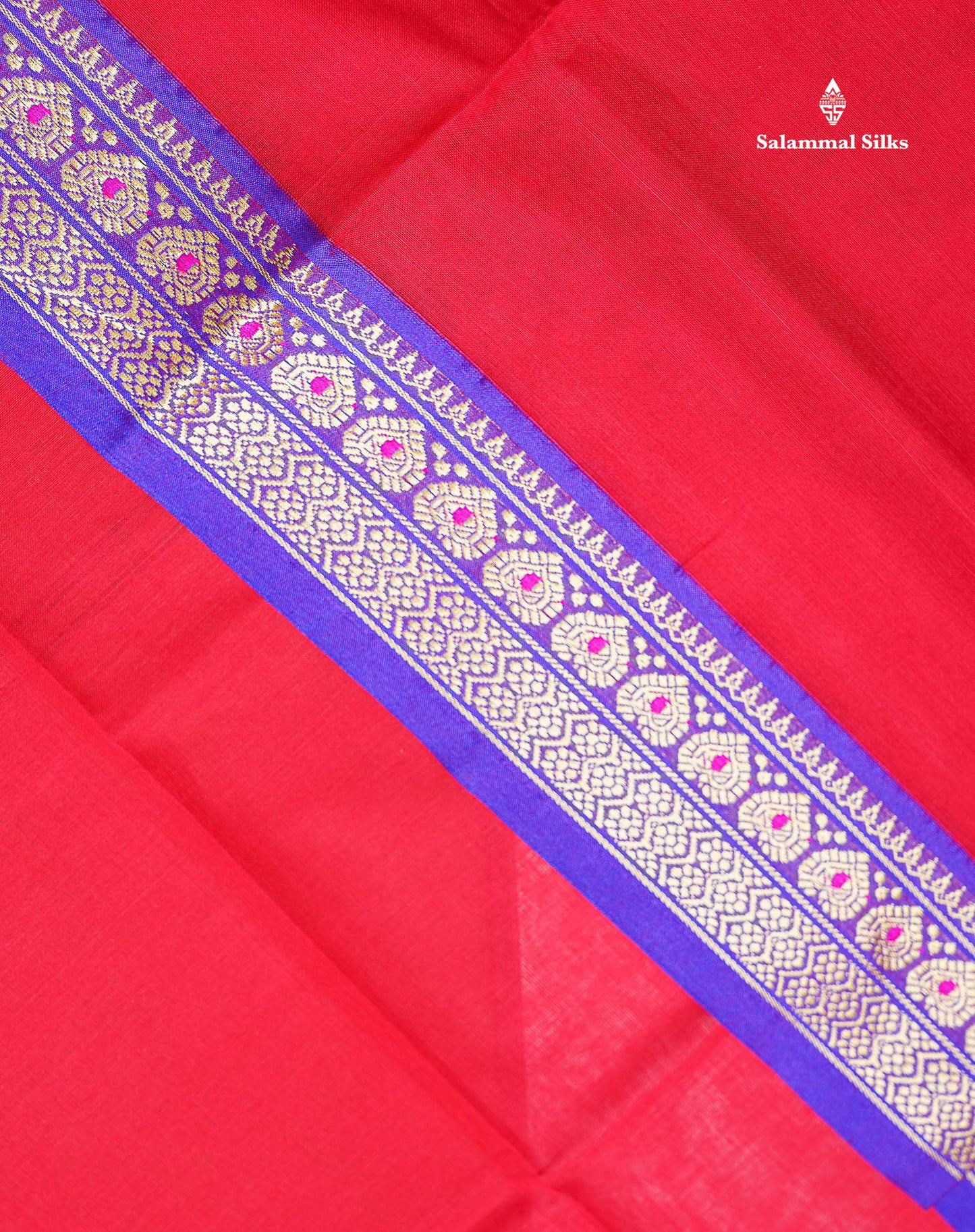 Beautiful Chilly Red Plain Pure Cotton Saree With Contrast Violet Menakari Traditional Border