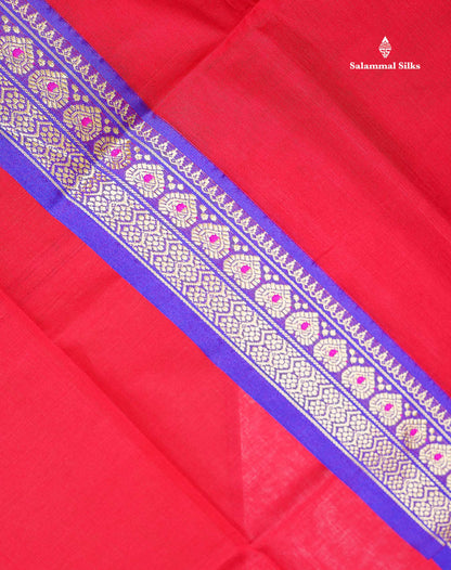 Beautiful Chilly Red Plain Pure Cotton Saree With Contrast Violet Menakari Traditional Border