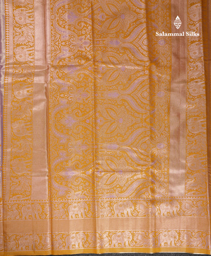 Beautiful Blue Menakari Work Tissue Semi Silk Saree With Contrast Mustard Yellow Traditional Temple Evening Morning Border