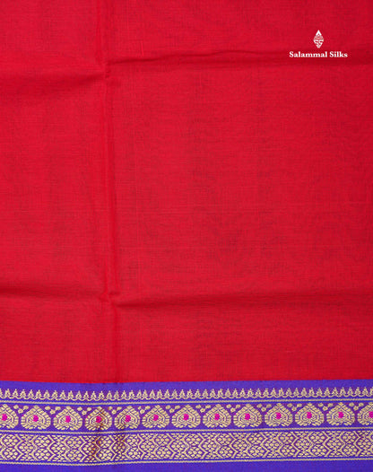 Beautiful Chilly Red Plain Pure Cotton Saree With Contrast Violet Menakari Traditional Border