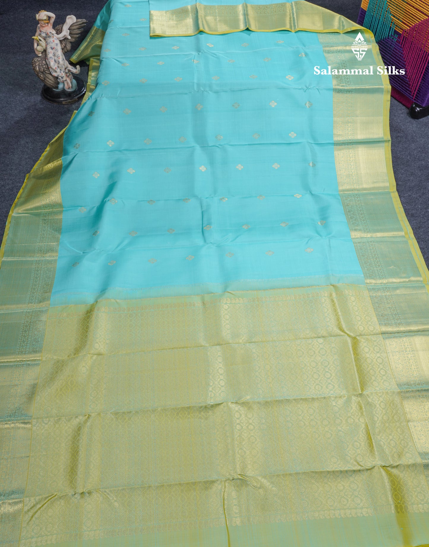 Pastel Blue Pure Kanjivaram Silk Saree With Contrast Manthulir Green Border