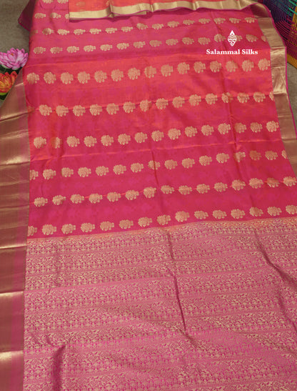 Pinkish Orange Pure Kanjivaram Silk Saree With Contrast Pink Border
