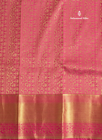 Pinkish Orange Pure Kanjivaram Silk Saree With Contrast Pink Border