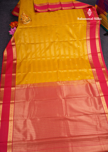 Mustard Yellow Vaira Oosi Butta Semi Silk Saree With Contrast Pink Gap Border