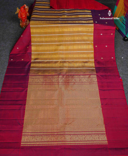 Pure Kanjivaram Silk Saree - Mehandi Green Colour Body With Contrast Dual Tone Maroon Border