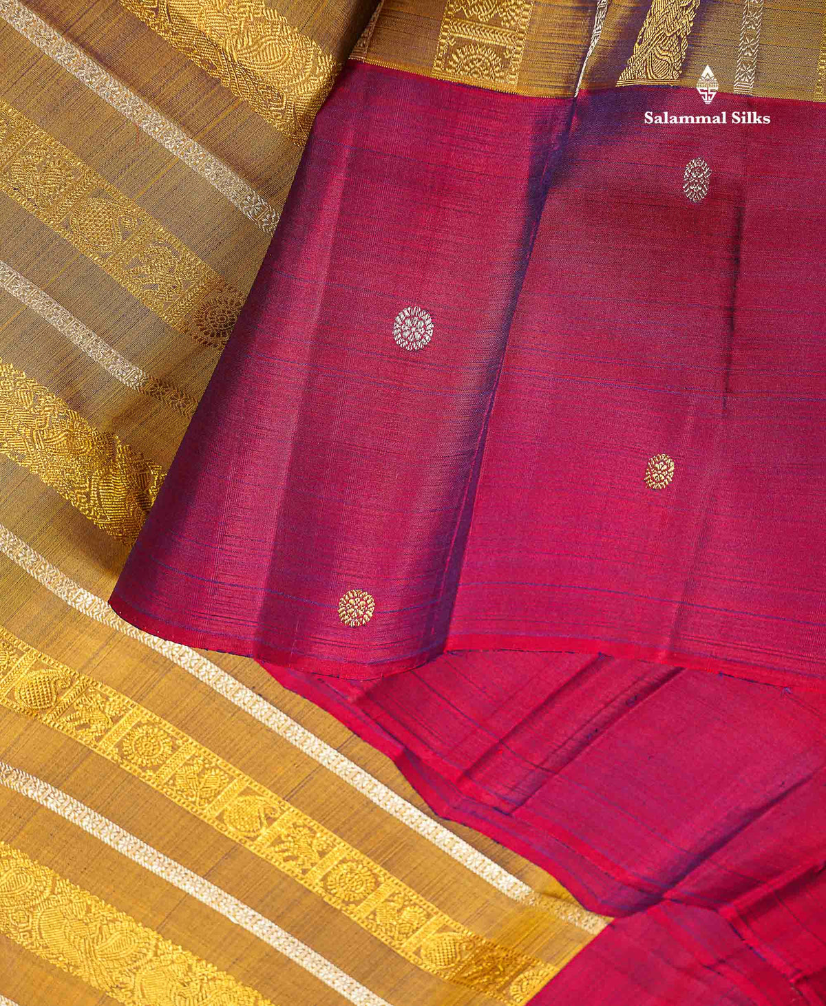 Pure Kanjivaram Silk Saree - Mehandi Green Colour Body With Contrast Dual Tone Maroon Border