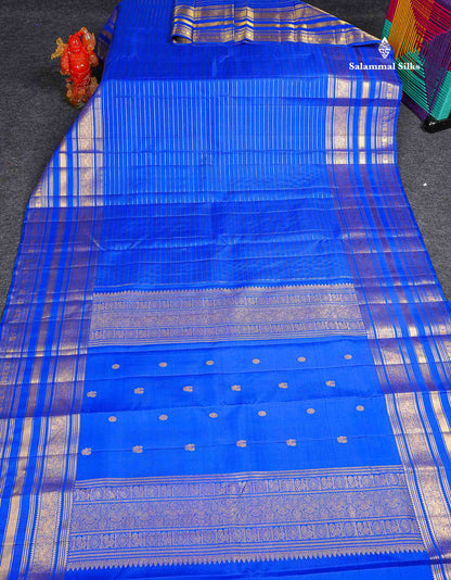 Pure Kanjivaram Silk Saree - Royal Blue Colour Body Horizontal Zari Stripes With Traditional Long Border 