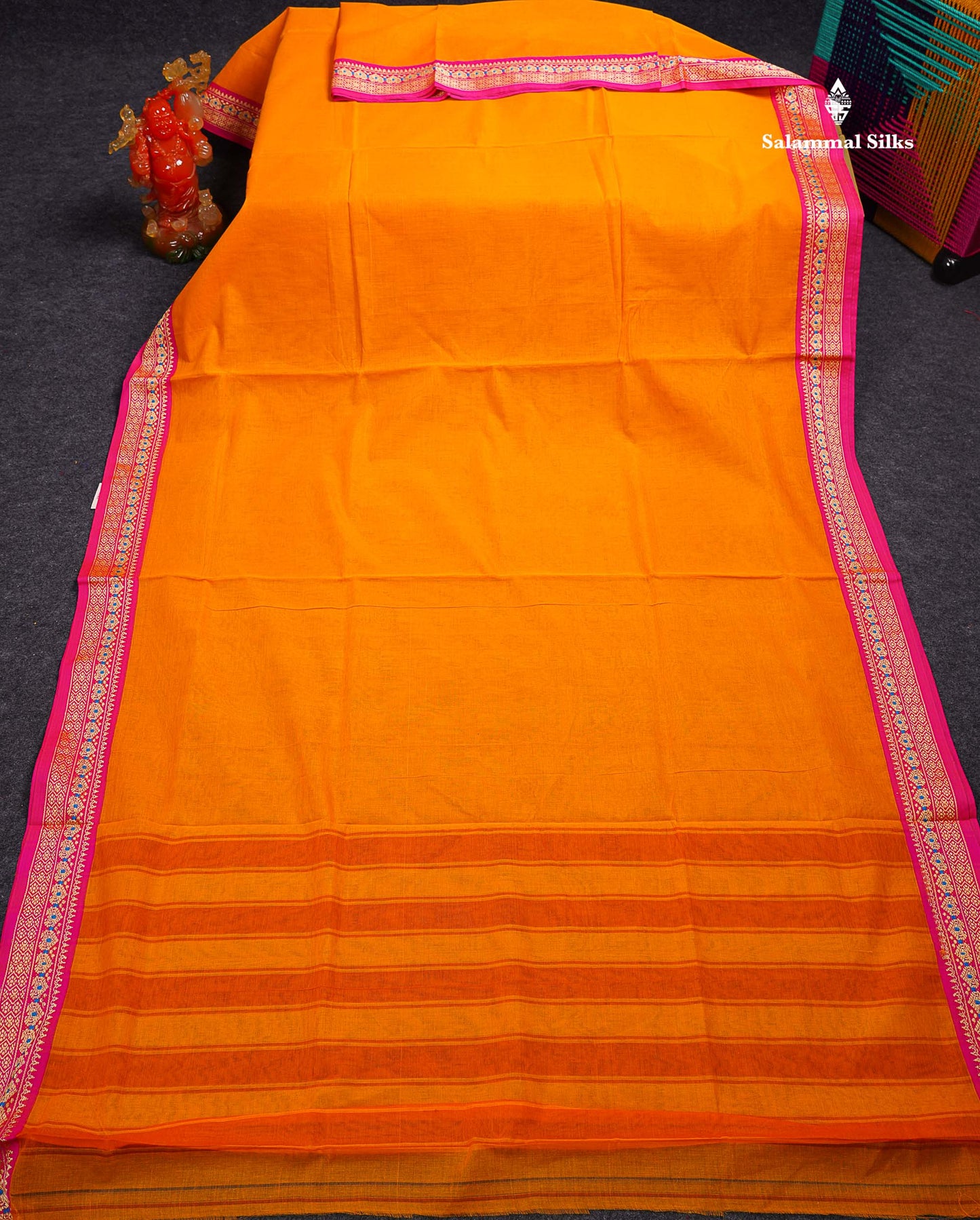 Beautiful Chilly Red Plain Pure Cotton Saree With Contrast Violet Menakari Traditional Border