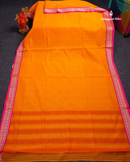 Beautiful Chilly Red Plain Pure Cotton Saree With Contrast Violet Menakari Traditional Border