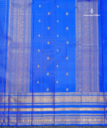 Pure Kanjivaram Silk Saree - Royal Blue Colour Body Horizontal Zari Stripes With Traditional Long Border