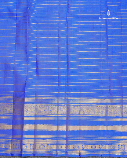 Pure Kanjivaram Silk Saree - Royal Blue Colour Body Horizontal Zari Stripes With Traditional Long Border