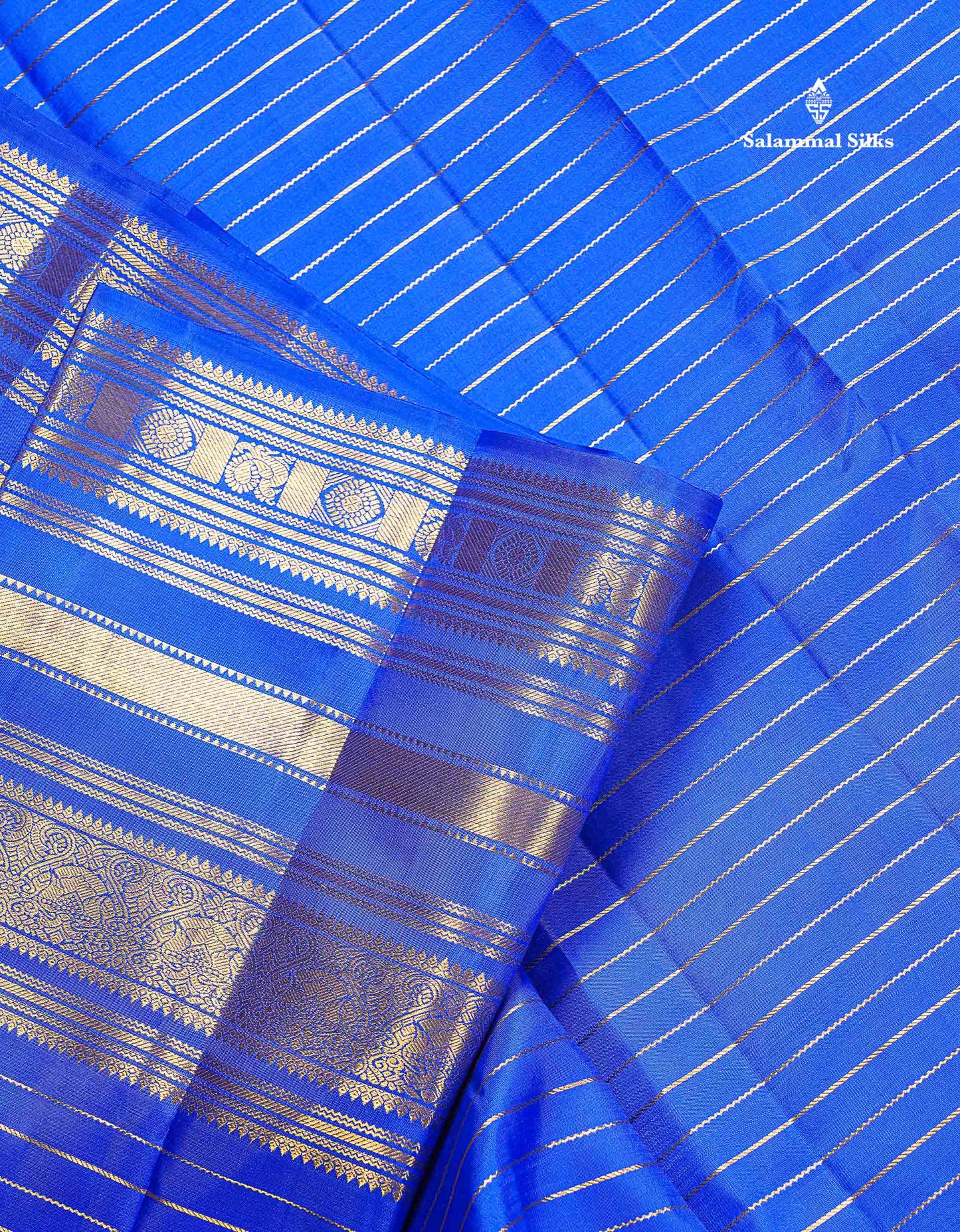 Pure Kanjivaram Silk Saree - Royal Blue Colour Body Horizontal Zari Stripes With Traditional Long Border