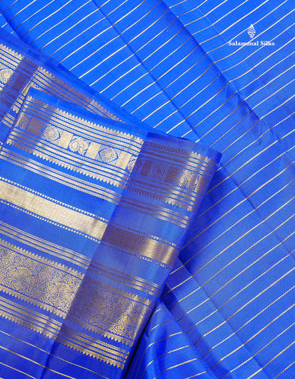 Pure Kanjivaram Silk Saree - Royal Blue Colour Body Horizontal Zari Stripes With Traditional Long Border
