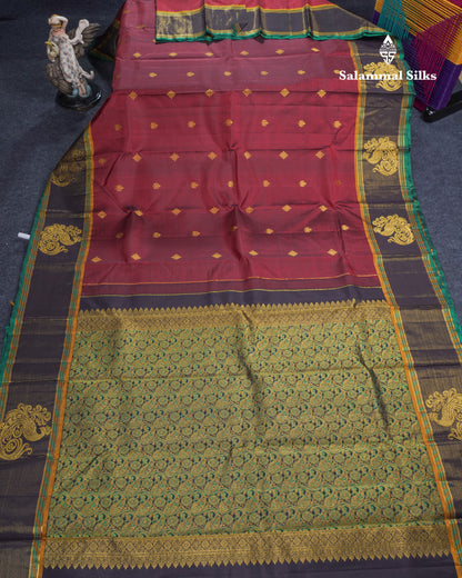 Dark Maroon Pure Kanjivaram Silk Saree With Contrast Vaira Oosi Traditional Border