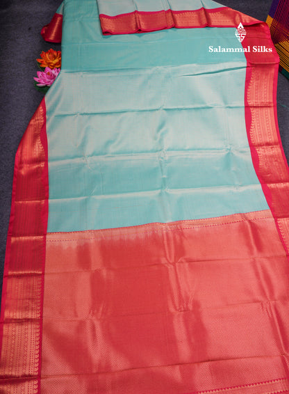 Sea Blue Tiny Zari Checks Semi Silk Saree With Contrast Pink Turning Border