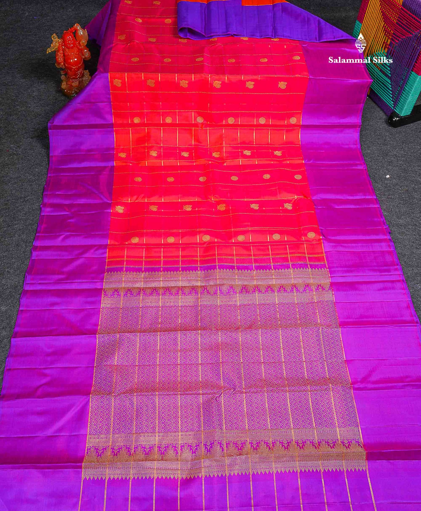Pure Kanjivaram Silk Saree - Redish Orange Colour Body Checks With Butta & Contrast Purple Long Border