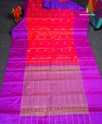 Pure Kanjivaram Silk Saree - Redish Orange Colour Body Checks With Butta & Contrast Purple Long Border