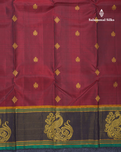Dark Maroon Pure Kanjivaram Silk Saree With Contrast Vaira Oosi Traditional Border