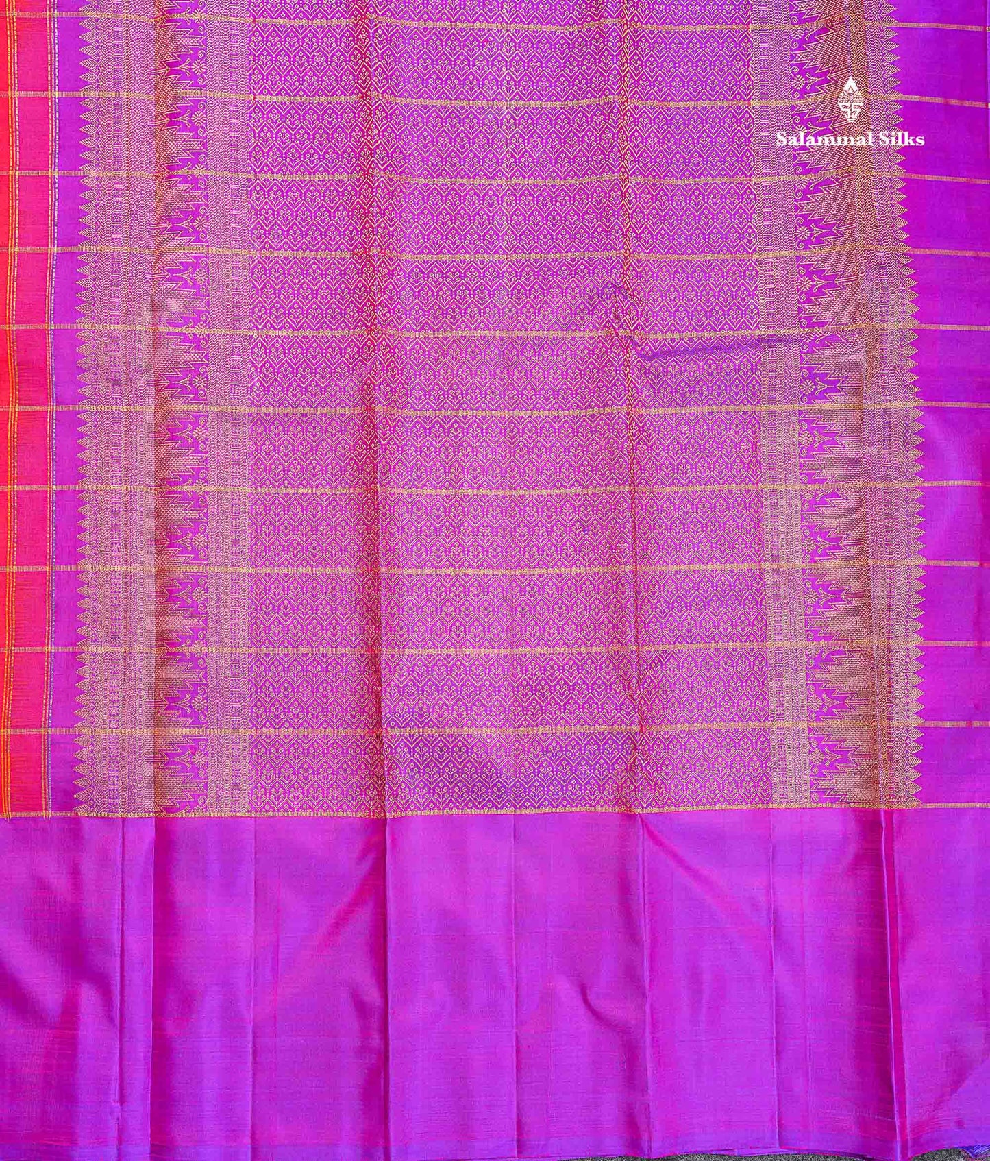 Pure Kanjivaram Silk Saree - Redish Orange Colour Body Checks With Butta & Contrast Purple Long Border