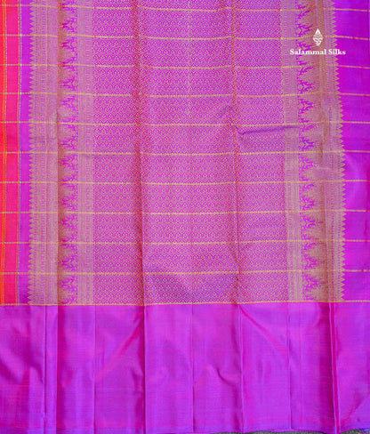 Pure Kanjivaram Silk Saree - Redish Orange Colour Body Checks With Butta & Contrast Purple Long Border