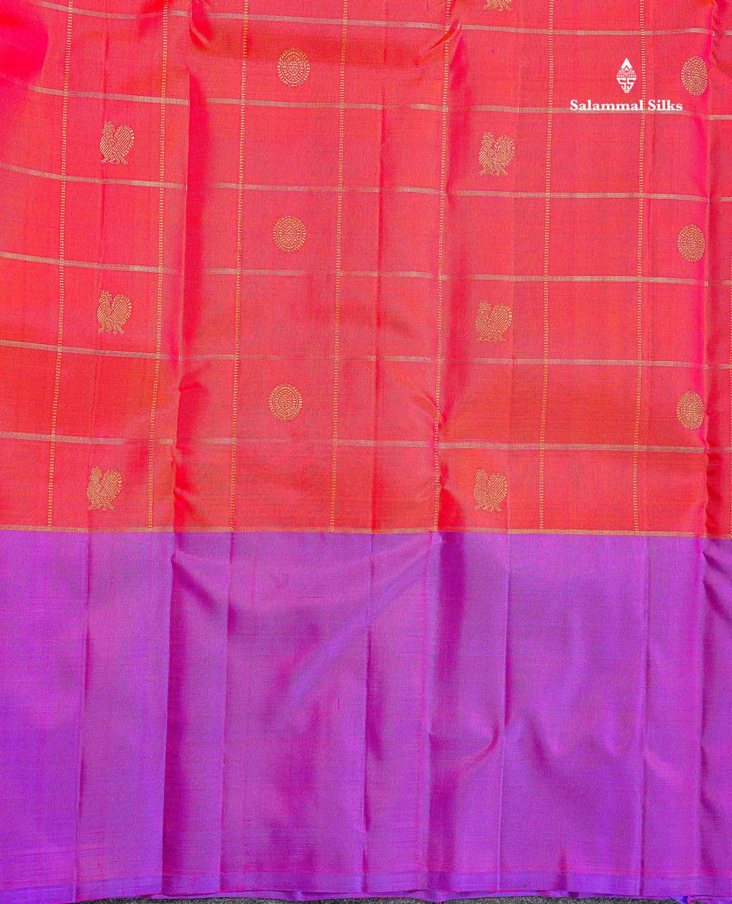 Pure Kanjivaram Silk Saree - Redish Orange Colour Body Checks With Butta & Contrast Purple Long Border