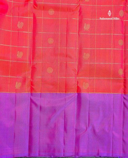 Pure Kanjivaram Silk Saree - Redish Orange Colour Body Checks With Butta & Contrast Purple Long Border