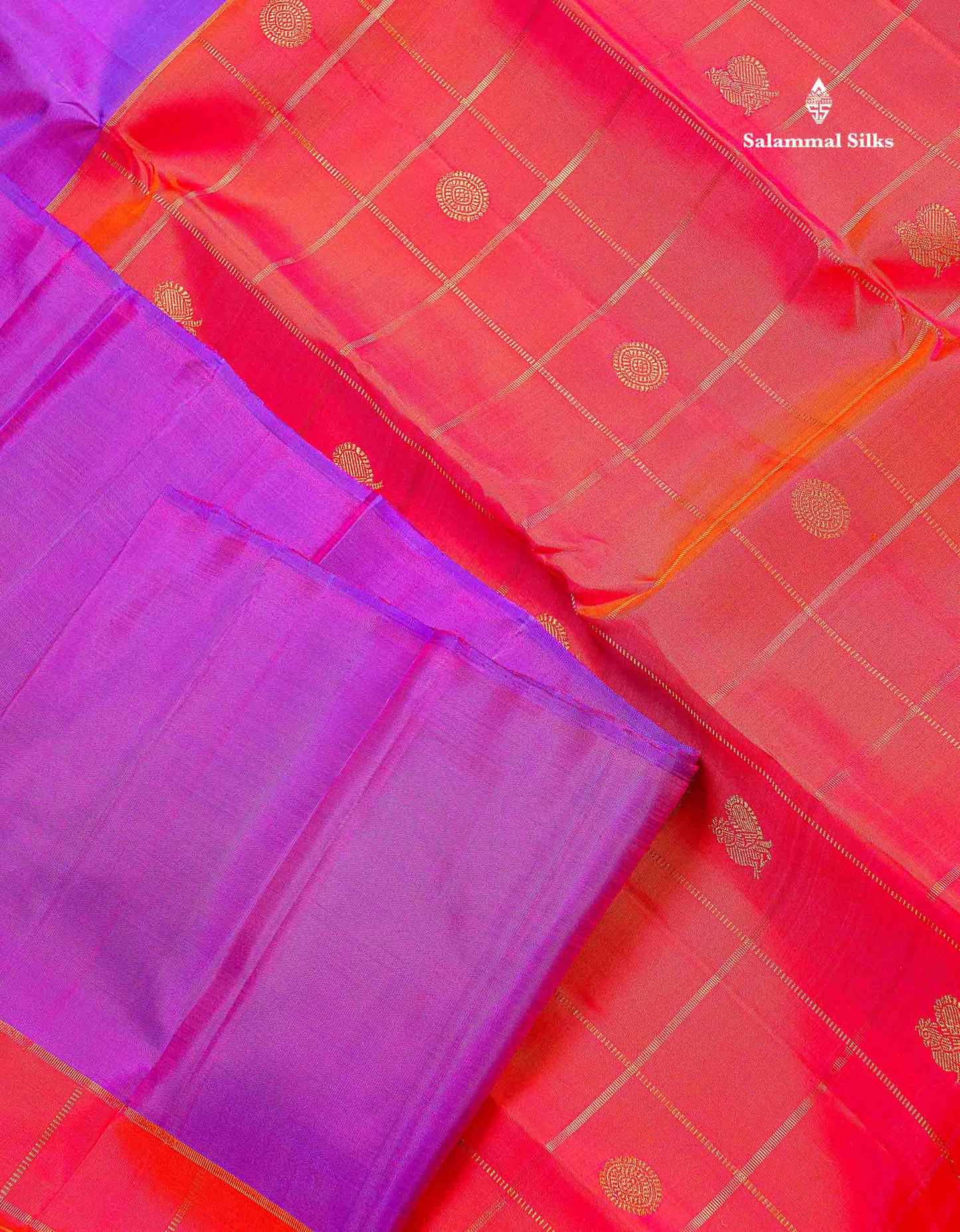 Pure Kanjivaram Silk Saree - Redish Orange Colour Body Checks With Butta & Contrast Purple Long Border