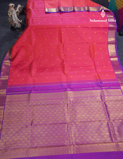 Dual Tone Pinkish Orange Pure Kanjivaram Silk Saree With Contrast Vadamalli Small Traditional Border