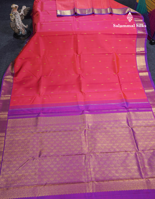 Dual Tone Pinkish Orange Pure Kanjivaram Silk Saree With Contrast Vadamalli Small Traditional Border