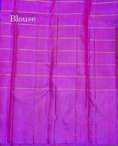 Pure Kanjivaram Silk Saree - Redish Orange Colour Body Checks With Butta & Contrast Purple Long Border