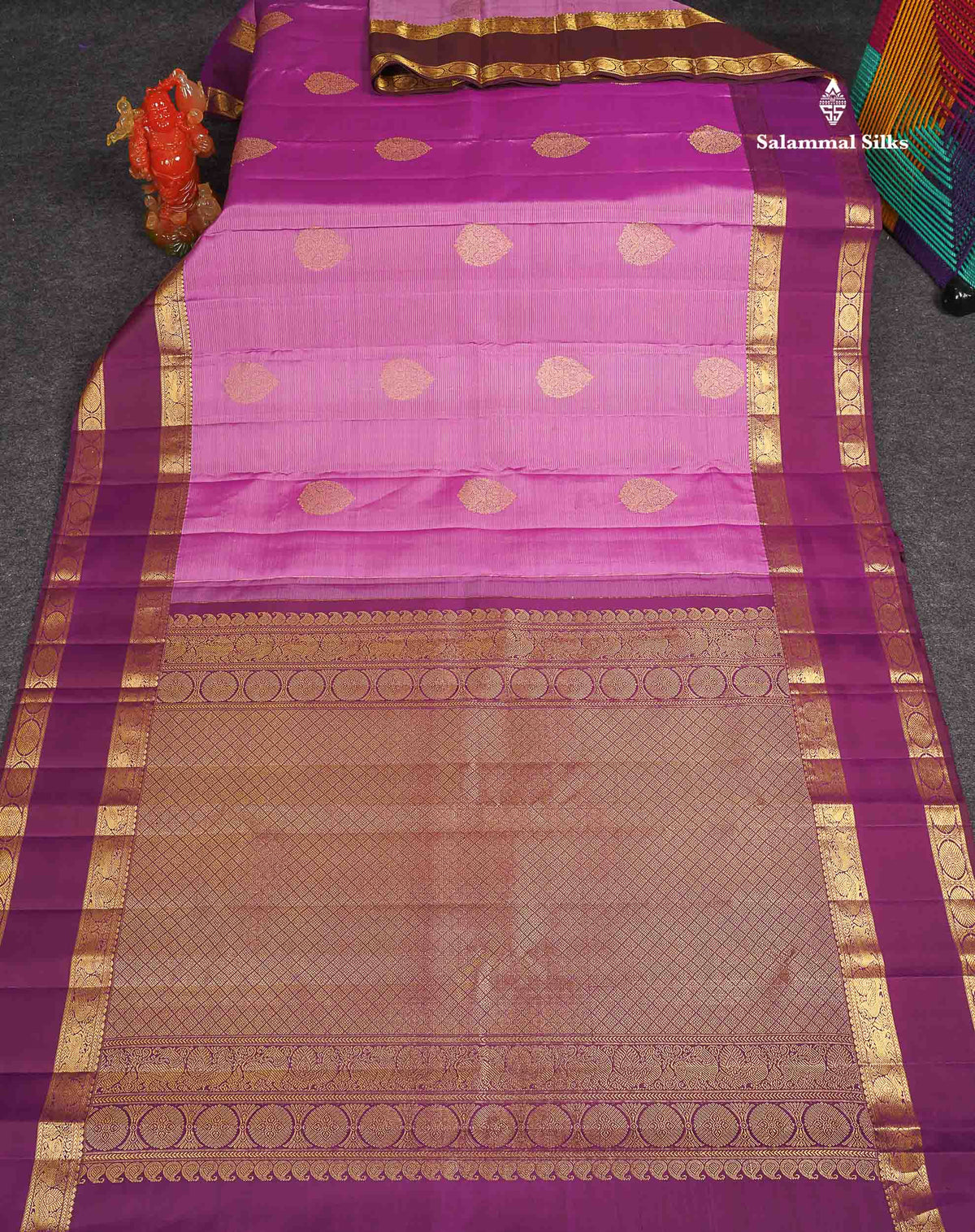 Pure Kanjivaram Silk Saree - Light Rose Colour Body Vaira Oosi Lines With Butta & Contrast Magenta Traditional Gap Border