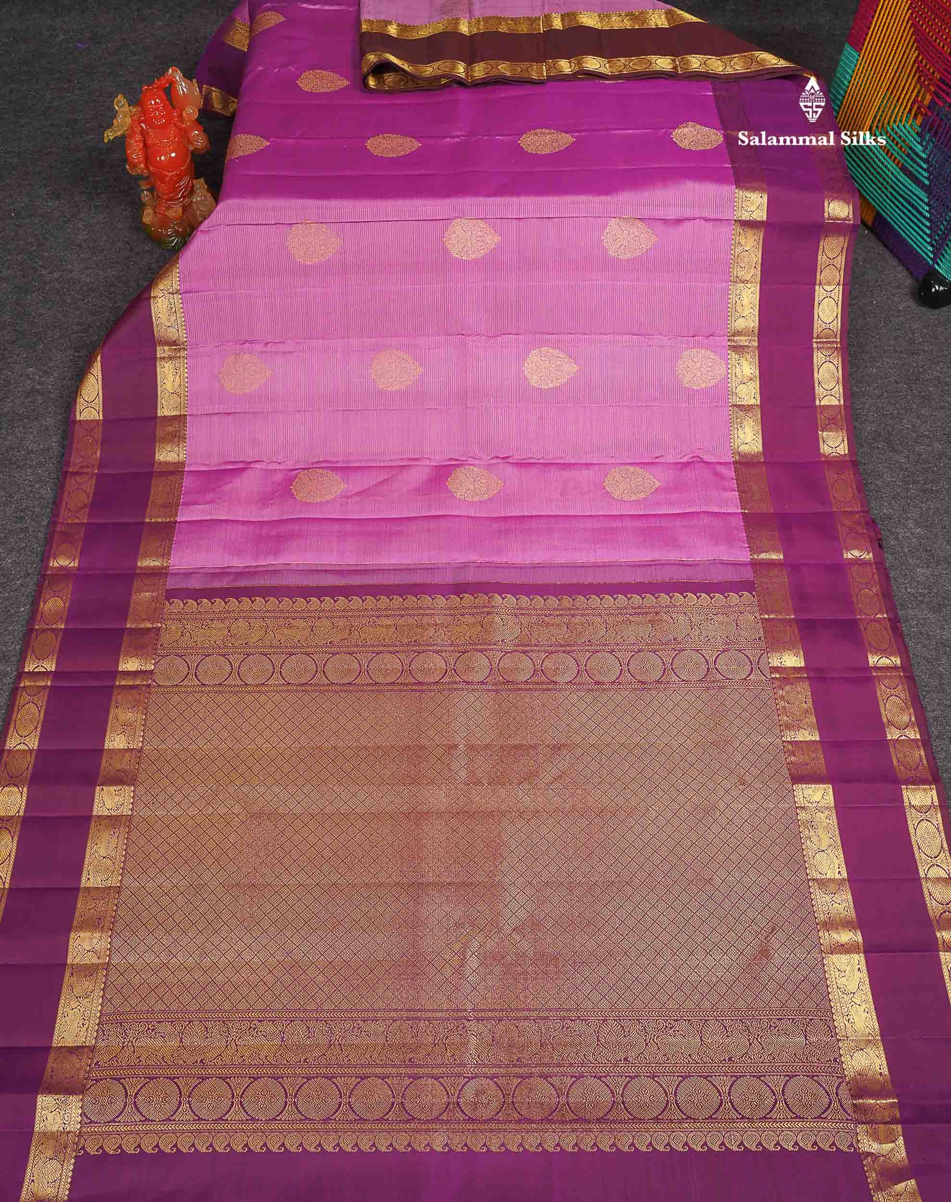 Pure Kanjivaram Silk Saree - Light Rose Colour Body Vaira Oosi Lines With Butta & Contrast Magenta Traditional Gap Border