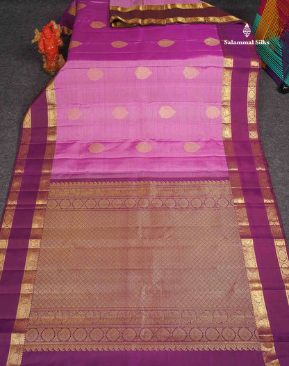 Pure Kanjivaram Silk Saree - Light Rose Colour Body Vaira Oosi Lines With Butta & Contrast Magenta Traditional Gap Border