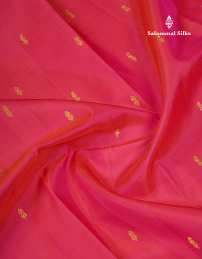 Dual Tone Pinkish Orange Pure Kanjivaram Silk Saree With Contrast Vadamalli Small Traditional Border