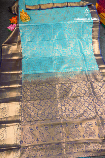 Light Ramar Blue Bridal Semi Silk Saree With Contrast Navy Blue Border