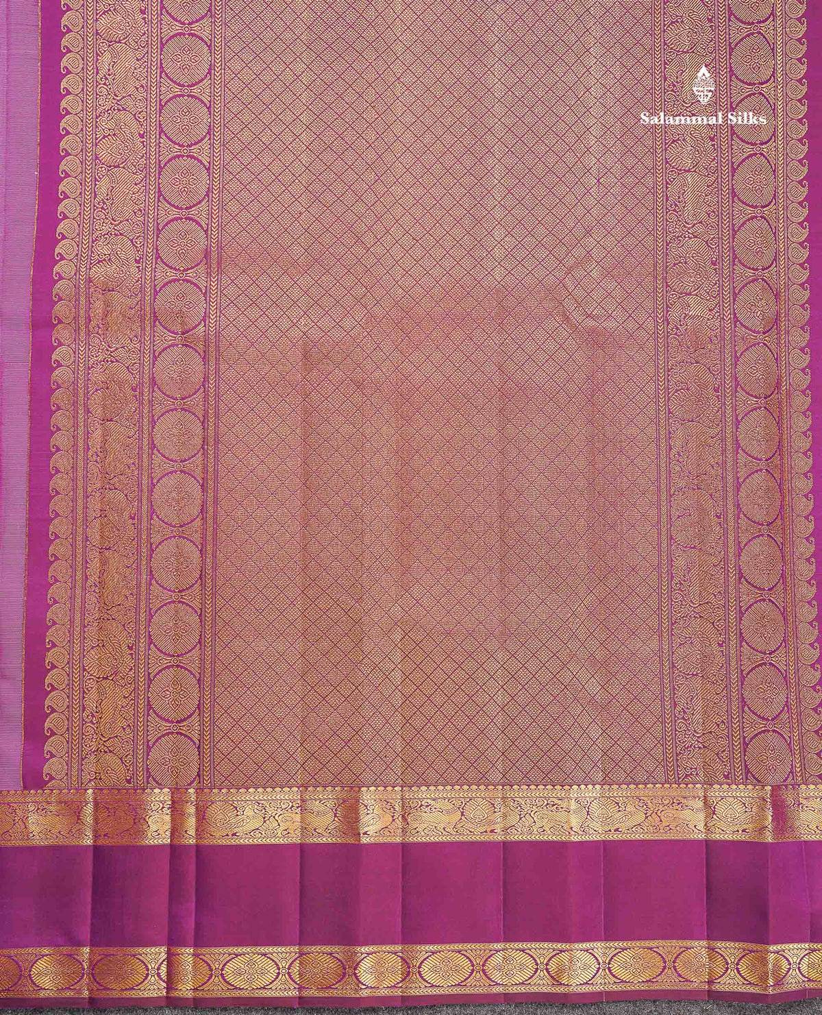 Pure Kanjivaram Silk Saree - Light Rose Colour Body Vaira Oosi Lines With Butta & Contrast Magenta Traditional Gap Border